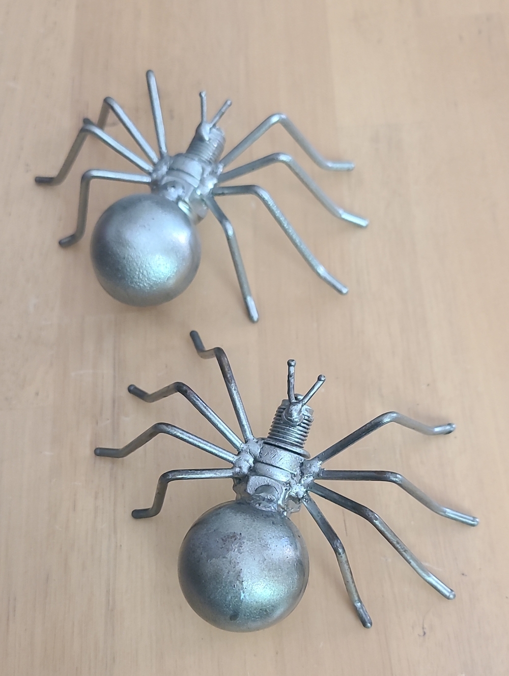 Handcrafted Silver Metal Spider Sculpture Pair - Modern Art